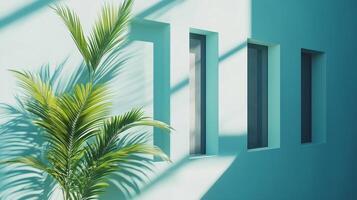 Modern minimalist east style window building with blue tone wall and greenery palm plant decoration photo