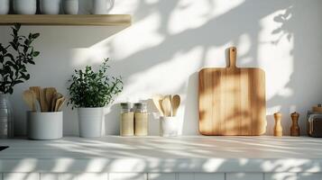 Wooden brown table display on kitchen with sun bright blurred background photo