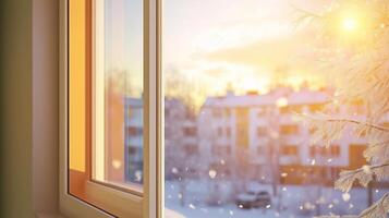 Glass window winter view corner metal frame with plant in outdoor with sun bright modern architecture photo