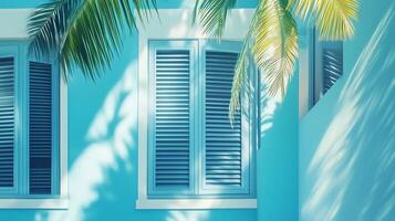 Modern minimalist east style window building with blue tone wall and greenery palm plant decoration photo