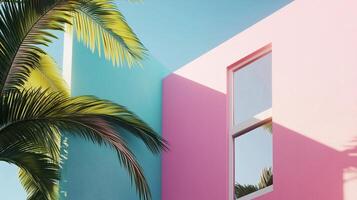 Modern minimalist east style window building with pink tone wall and greenery palm plant decoration photo