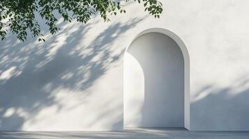 Aesthetic arch window shape on beige wall with shadow leaves tree classing building architecture photo