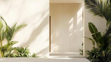 Modern minimalist east style window building with beige tone wall and greenery palm plant decoration photo