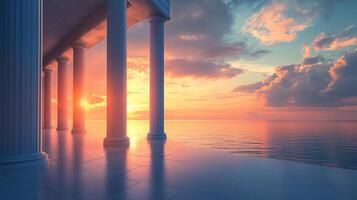 Stone columns concrete texture pillar classical building exterior with sunset sky photo