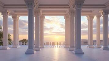 Stone columns concrete texture pillar classical building exterior with sunset sky photo