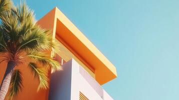 Simple minimal style modern building with yellow fresh, palm tree tone and blue sky, bottom view photo