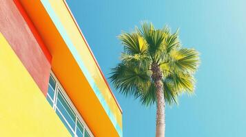 Simple minimal style modern building with colorful fresh tone, palm tree and blue sky, bottom view photo