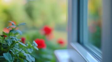Window glass white metal frame corner in house with blurred red flower decoration photo