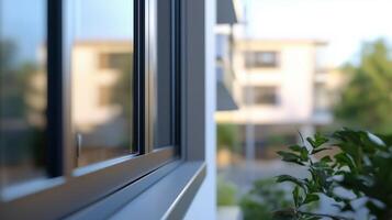 Window glass brown metal frame in house with blurred green garden photo