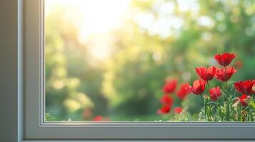 Window glass white metal frame corner in house with blurred red flower decoration photo