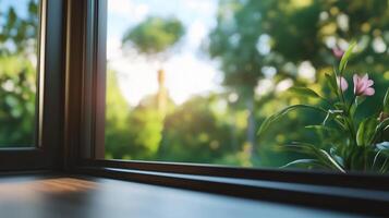 Window glass brown metal frame in house with blurred green garden photo
