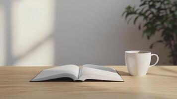 Open blank white paper book on wooden table side view copy space background photo
