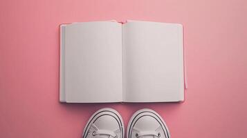 Blank white book open white paper and a pair white shoes top of view blue background photo