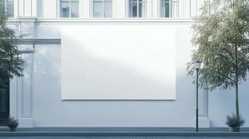 Mockup white blank board modern placard rectangle advertising in wall building for information photo