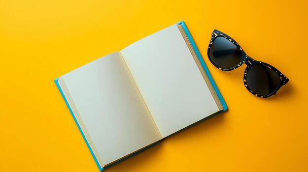 Blank white book open with black sunglassees top of view copy space background photo