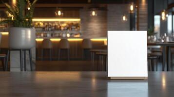 Blank white board frame for information menu or sale in front of table restaurant photo