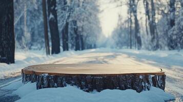 Blank wooden trunk board for label or warning information important in winter forest garden street photo