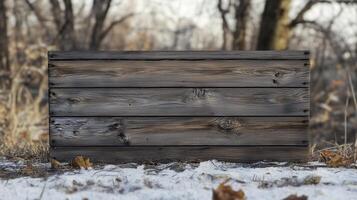 Blank wooden trunk board for label or warning information important in winter forest garden street photo