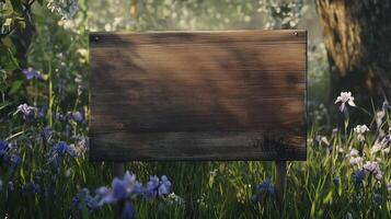 Blank wooden trunk board for label information important in iris flower botanical garden farming photo