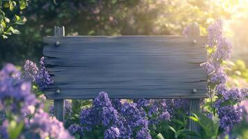 Blank wooden trunk board for label information important in lilac flower botanical garden farming photo