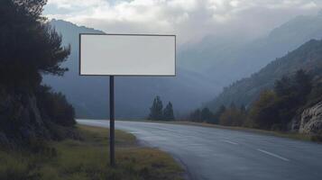 Mockup white blank billboard copy space in city road with mountain view photo