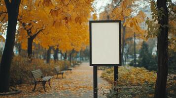 Mockup white blank billboard copy space in city road with autumn season yellow tree photo