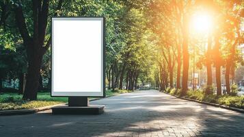 Mockup white blank board copy space for information and promotion in park with fresh green tree photo