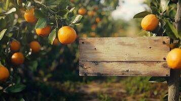 Blank wooden trunk board for label information important in orange fruit botanical field garden photo
