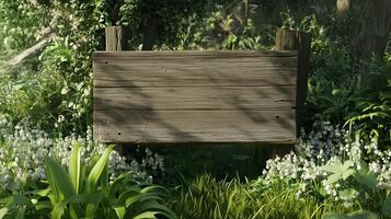Blank wooden trunk board for label information important in lily of the valley flower botanical garden photo