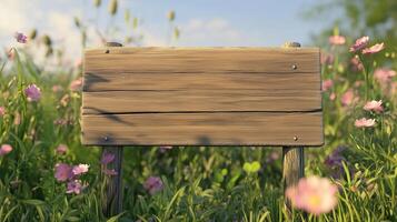 Blank wooden trunk board for label information important in primrose flower botanical garden photo