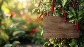 Blank wooden trunk board for label information important in red chili vegetable botanical field garden photo