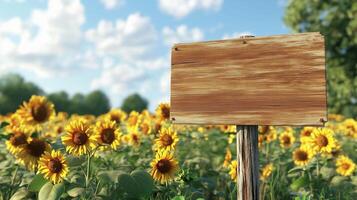 Blank wooden trunk board for label information important in sunflower botanical garden photo