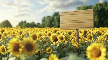 Blank wooden trunk board for label information important in sunflower botanical garden photo