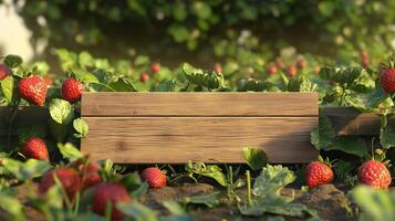 Blank wooden trunk board for label information important in strawberry fruit botanical field garden photo