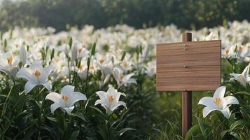Blank wooden trunk board for label information important in white lily flower botanical field garden photo
