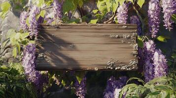 Blank wooden trunk board for label information important in white wisteria flower botanical field garden photo