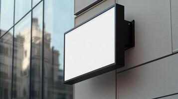 Mockup black frame square signboard store display identity in wall building photo