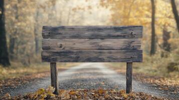 Wooden brown plank sign in autumn road guiding direction of destination photo