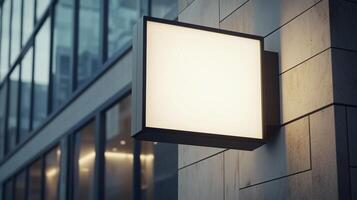 Mockup black frame square signboard store display identity in wall building photo