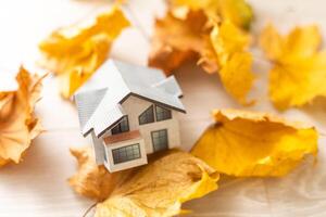 Autumnal Background. Toy house and dried orange fall maple leaves on grey knitted sweater. Thanksgiving banner copy space. Hygge mood cold weather concept. Hello Autumn with family. photo