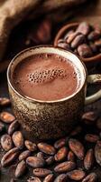 A cup of hot chocolate made from pure cacao, surrounded by cocoa beans, evokes warmth and comfort. rich texture and deep color invite indulgence and relaxation photo