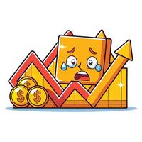 Crying cartoon cube with gold coins and graph vector