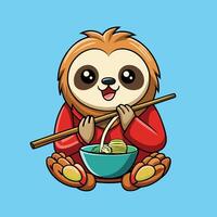 Adorable Sloth Relaxing in a Bowl of Ramen with Chopsticks vector