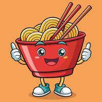 Cartoon red bowl of noodles character with chopsticks vector