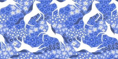 Seamless pattern with silhouettes of running horses against the background of a meadow of flowers. Summer print. vector