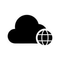 Public cloud icon. Cloud shape with globe solid black icon. Cloud database, internet data technology concept vector