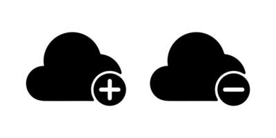 Cloud with plus mark and cloud with minus mark icon. Cloud data add, insert and cloud data remove, deleted concept solid black icon vector