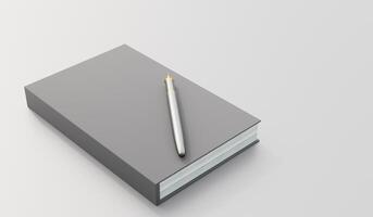 Blank notebook with pen, Live view of blank notebook and ballpoint pen with background. Book cover sample, Workspace on desk, Top view of realistic notebook. 3D render. photo