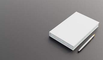 Blank notebook with pen, Live view of blank notebook and ballpoint pen with background. Book cover sample, Workspace on desk, Top view of realistic notebook. 3D render. photo