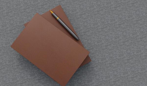 Blank notebook with pen, Live view of blank notebook and ballpoint pen with background. Book cover sample, Workspace on desk, Top view of realistic notebook. 3D render. photo